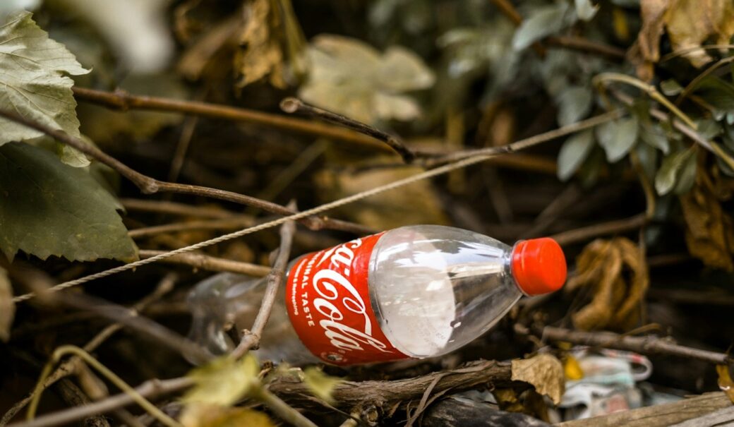 Eine gelitterte Colaflasche liegt im Laub.